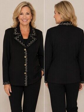 Vintage Carissimo Black Rhinestone Embellished Wool Blend Blazer Jacket Size 22